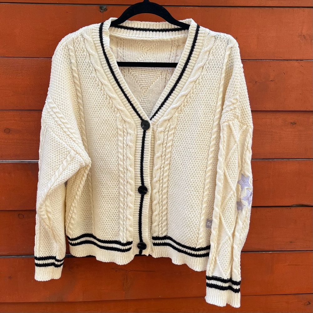 Taylor Swift Cream Cable Knit Cardigan with Black Trim